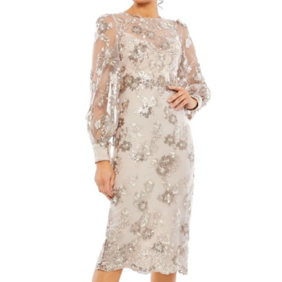 MAC DUGGAL 70237 EMBELLISHED HIGH NECK ILLUSIONS LONG SLEEVE MOCHA MIDI DRESS 8